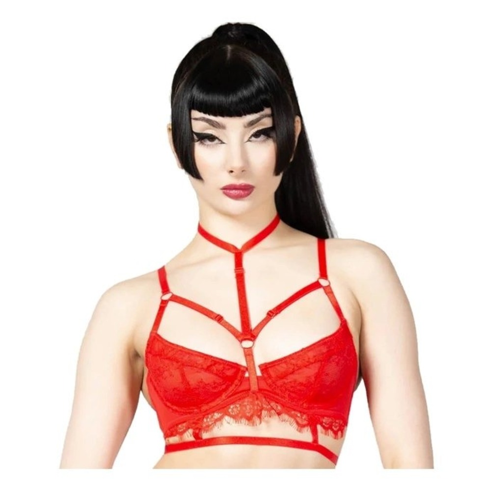 Killstar Harlow Seduction Red Lace Harness Bra Choker Bralette Small